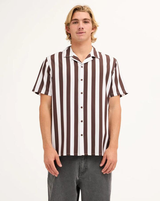 Image of a model wearing Tops. Product name - Quiksilver Mens Sunbelt Short Sleeve Shirt Java in Java colour by brand - Quiksilver