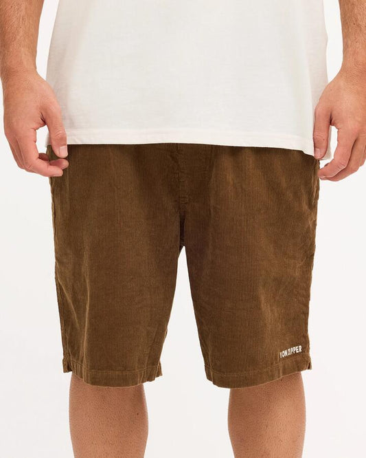 Image of a model wearing Shorts. Product name - Von Zipper Mens Byron Cord Walkshorts Tobacco in Tobacco colour by brand - Von Zipper