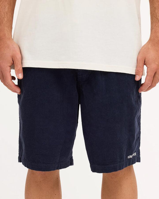 Image of a model wearing Shorts. Product name - Von Zipper Mens Byron Cord Walkshorts Navy in Navy colour by brand - Von Zipper