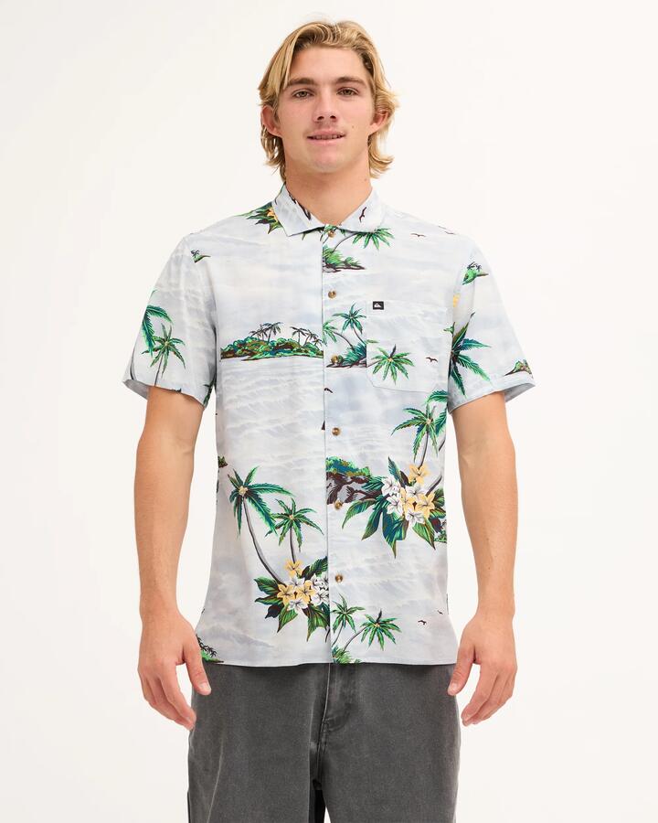 Image of a model wearing Tops. Product name - Quiksilver Mens Beach Club Casual Short Sleeve Shirt Skyway Island Breeze in Skyway Island Breeze colour by brand - Quiksilver
