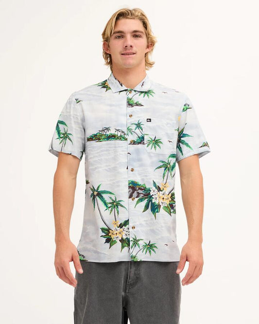 Image of a model wearing Tops. Product name - Quiksilver Mens Beach Club Casual Short Sleeve Shirt Skyway Island Breeze in Skyway Island Breeze colour by brand - Quiksilver