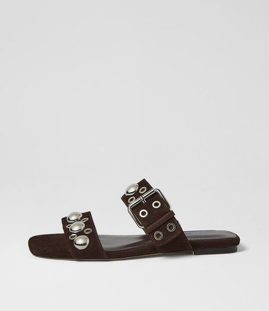 Image of Slippers. Product name - Rixoni Choc Suede Slides in Choc colour by brand - MOLLINI