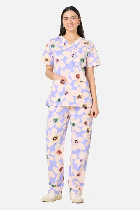 Image of a model wearing Uniforms & Workwear. Product name - Daisy Scrub Set in Lilac colour by brand - Gorman