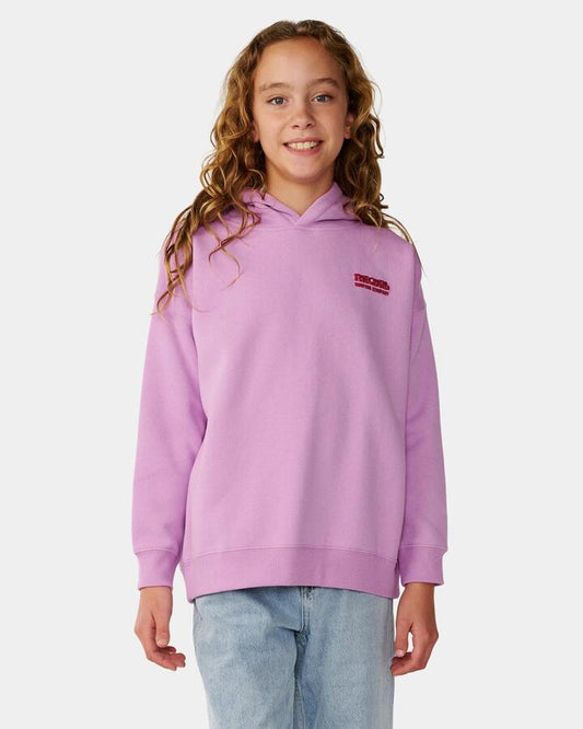 Image of a model wearing Outerwear. Product name - Rip Curl Girls 8-16 Surf Puff Pullover Hoodie Bright Lilac in Bright Lilac colour by brand - Rip Curl