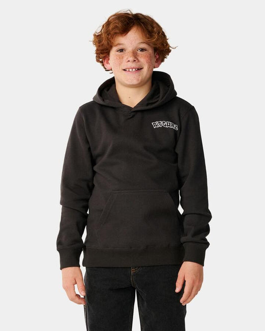 Image of a model wearing Outerwear. Product name - Rip Curl Boys 8-16 Surf Shack Art Pullover Hoodie Washed Black in Washed Black colour by brand - Rip Curl