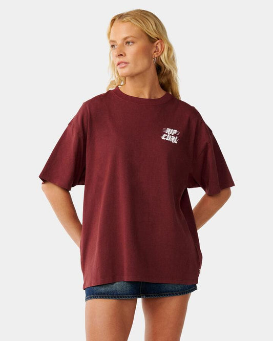 Image of T-Shirts. Product name - Rip Curl Womens Sports Department Heritage T-Shirt Dark Plum in Dark Plum colour by brand - Rip Curl
