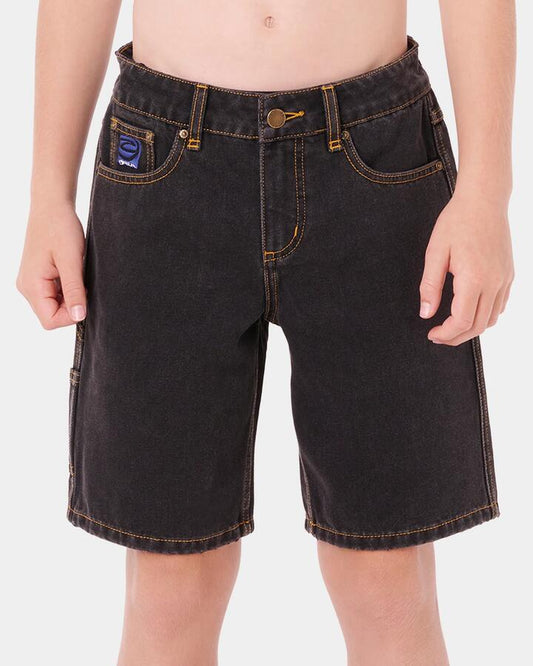 Image of a model wearing Shorts. Product name - Rip Curl Boys 8-16 Hyped Up Denim Walkshorts Washed Black in Washed Black colour by brand - Rip Curl