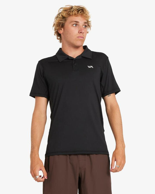 Image of a model wearing Tops. Product name - Rvca Mens Sport Vent Polo Black in Black colour by brand - Rvca