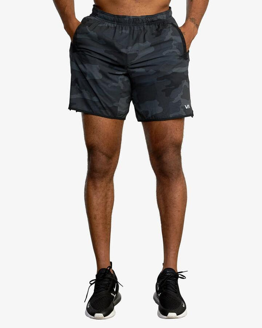 Image of a model wearing Shorts. Product name - Rvca Mens Yogger Stretch 17" Elastic Workout Shorts Camo in Camo colour by brand - Rvca
