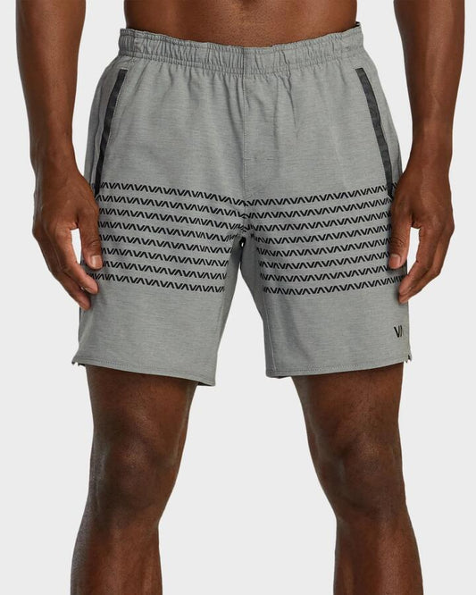 Image of a model wearing Shorts. Product name - Rvca Mens Yogger Stretch 17" Elastic Workout Shorts Heather Grey Va Band in Heather Grey Va Band colour by brand - Rvca