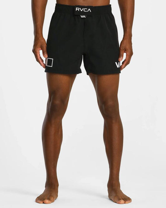 Image of a model wearing Shorts. Product name - Rvca Mens Fight Scrapper 15" Fighting Shorts Black in Black colour by brand - Rvca