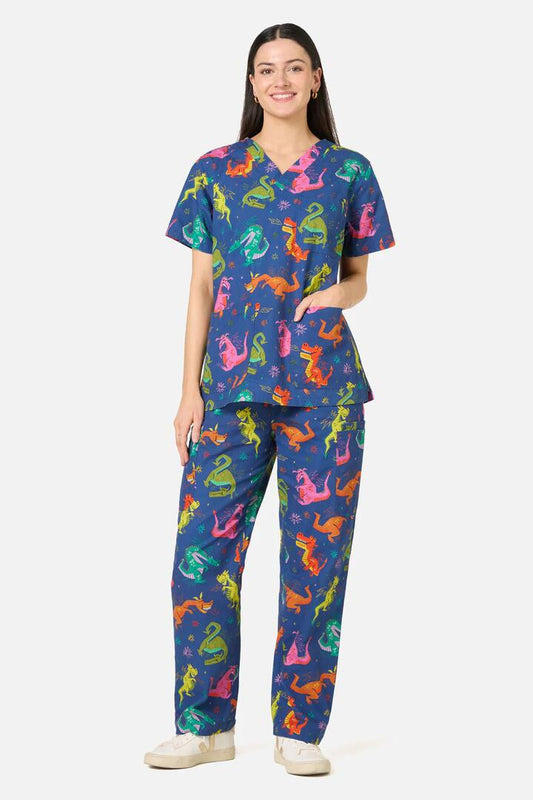 Image of a model wearing Uniforms & Workwear. Product name - Flying Dragon Scrub Set in Navy colour by brand - Scrubs With Love