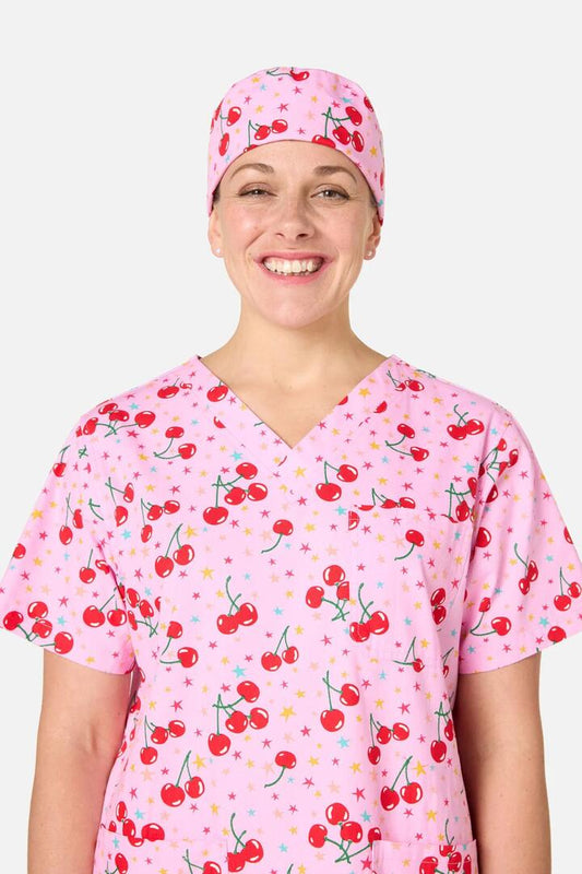 Image of Hats. Product name - Cherry Stars Scrub Hat in Pink colour by brand - Scrubs With Love
