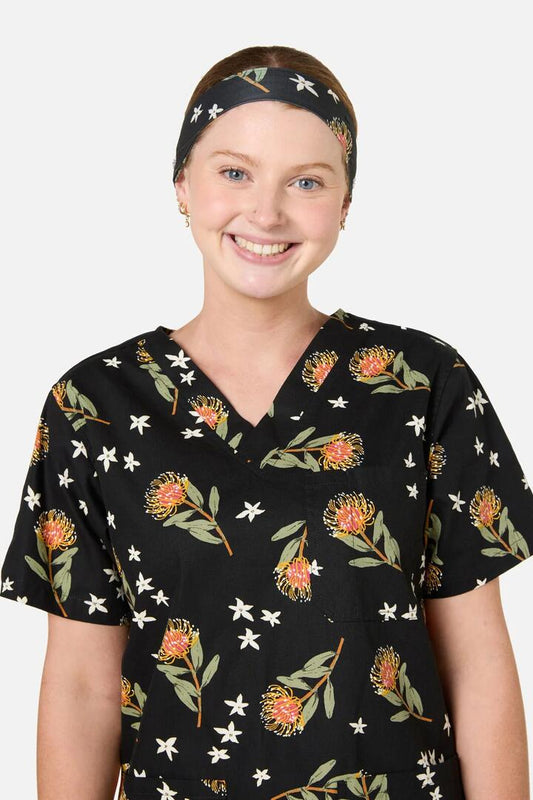 Image of Hair Accessories. Product name - Pincushion Protea Scrub Headband in Black colour by brand - Scrubs With Love