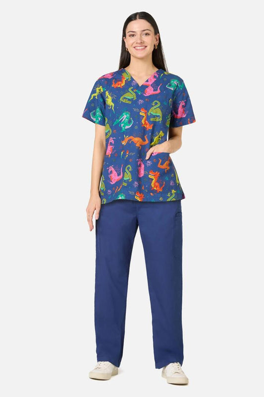 Image of a model wearing Uniforms & Workwear. Product name - Flying Dragon Top & Pant Scrubs in Navy colour by brand - Scrubs With Love