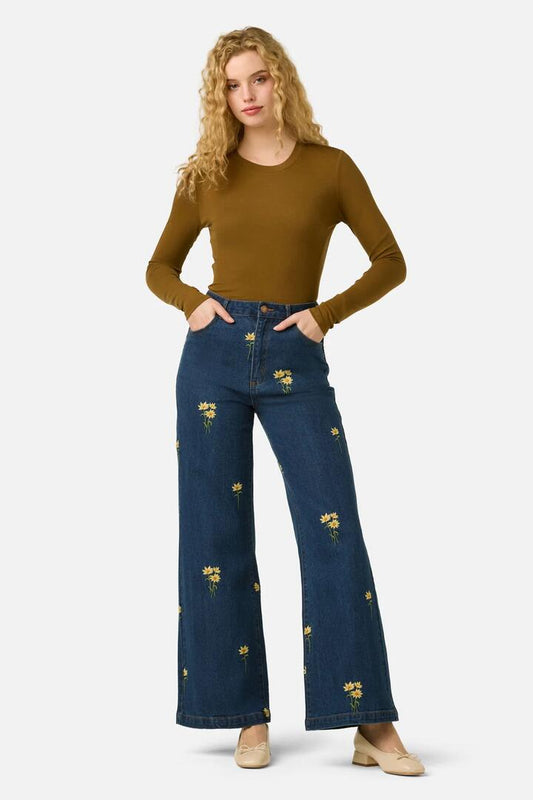 Image of Jeans. Product name - Goldie Embroidered Jean in Blue Denim colour by brand - Princess Highway
