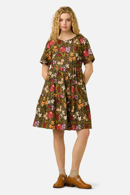 Image of Dresses. Product name - Mira Native Flora Smock Dress in Chocolate colour by brand - Princess Highway