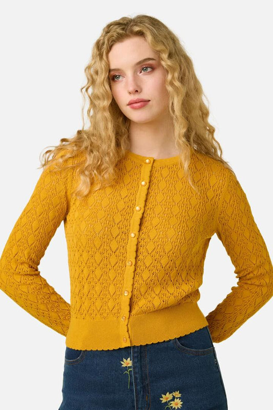 Image of Cardigans. Product name - Clara Pointelle Cardigan in Mustard colour by brand - Princess Highway