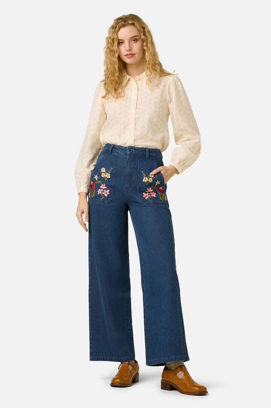 Image of Jeans. Product name - Native Flora Embroidered Jean in Blue Denim colour by brand - Princess Highway