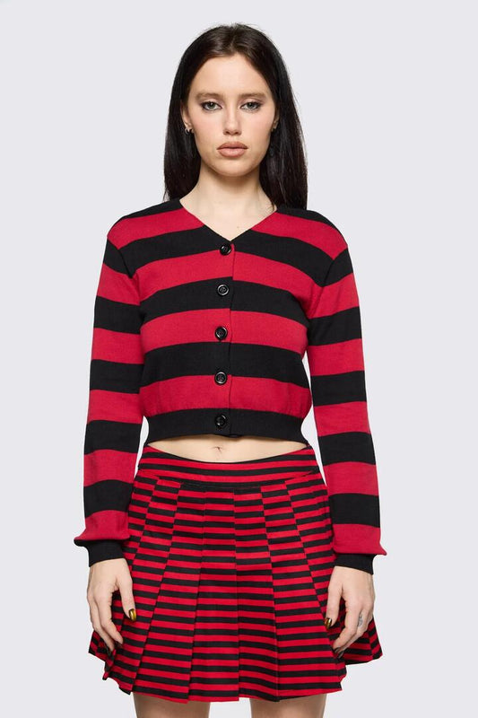 Image of Cardigans. Product name - Trad Emo Big Stripe Cardigan in Black Red colour by brand - Black Friday