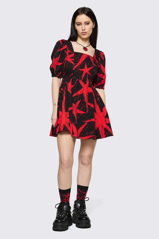 Image of Dresses. Product name - Trad Emo Star Graphic Dress in Black Red colour by brand - Black Friday