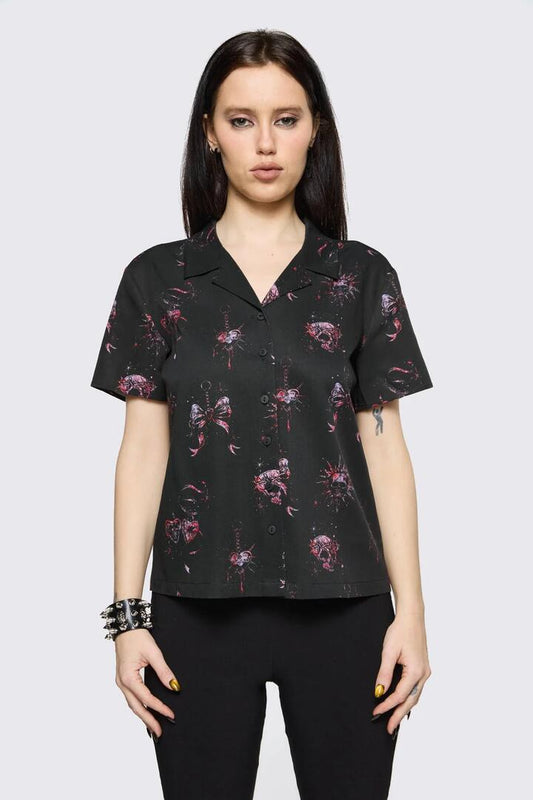 Image of Blouses. Product name - Trad Emo Skull Artwork Blouse in Black colour by brand - Black Friday