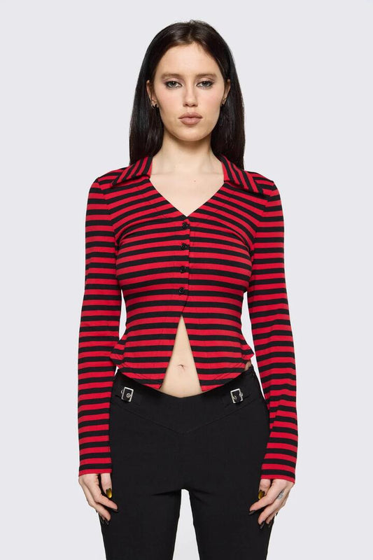 Image of a model wearing Tops. Product name - Trad Emo Stripe Jersey Top in Black Red colour by brand - Black Friday