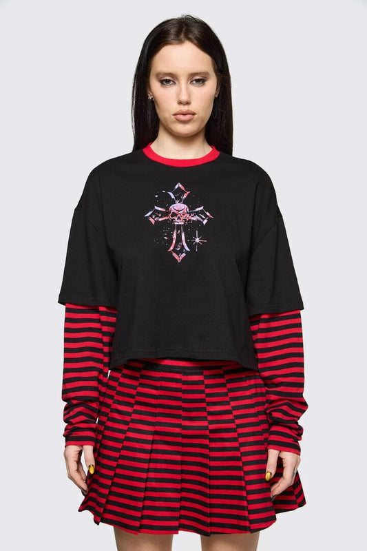 Image of T-Shirts. Product name - Trad Emo Crop Stripe T-Shirt in Black Red colour by brand - Black Friday