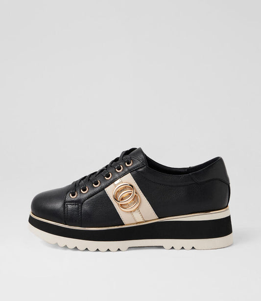 Image of Flats. Product name - Creole Black Milk Leather Multi Lace Up Flats in Black-Milk colour by brand - MIDAS