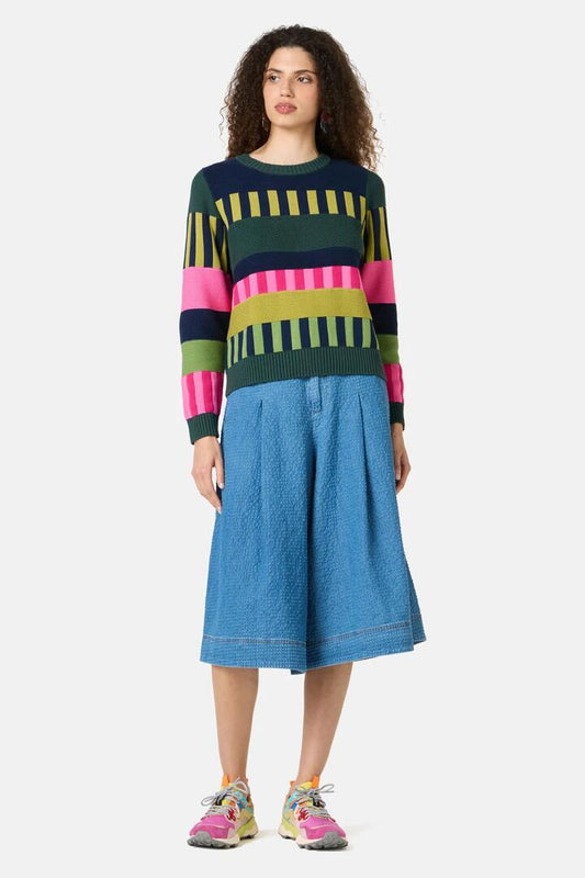 Image of a model wearing Outerwear. Product name - Weave Stripe Cotton Jumper in Multi colour by brand - Gorman