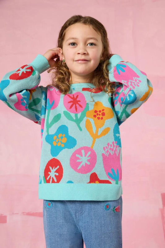 Image of a model wearing Tops. Product name - Flowers Kids Knit Jumper in Multi colour by brand - Gorman