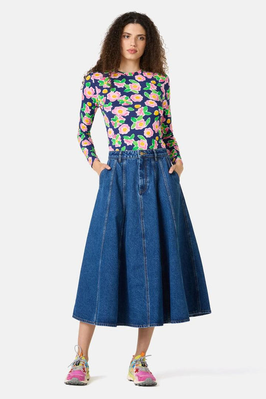 Image of a model wearing Skirts. Product name - Molly Denim Skirt in Mid Blue colour by brand - Gorman