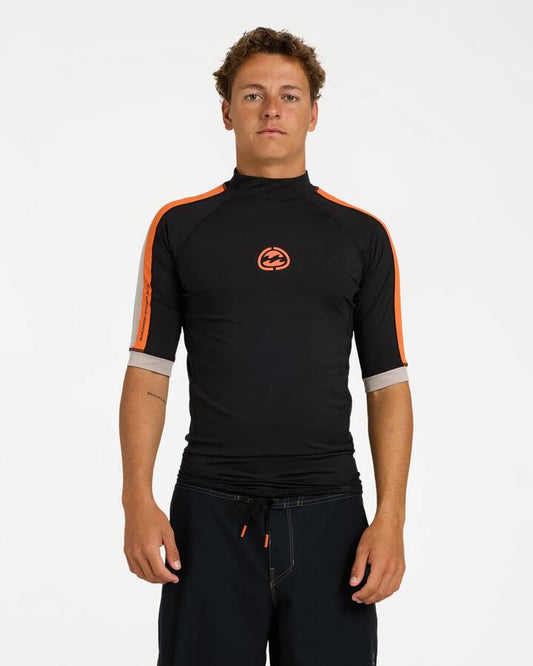 Image of a model wearing Tops. Product name - Billabong Mens Spec Panel Pf Short Sleeve Rash Vest Black in Black colour by brand - Billabong