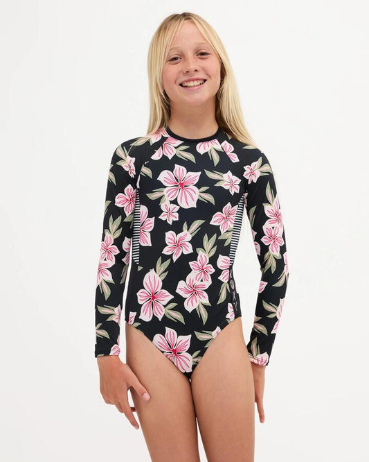 Image of a model wearing Tops. Product name - Roxy Girls 8-16 Of The Pacific Long Sleeve One Piece Swimsuit Prism Pink in Prism Pink colour by brand - Roxy