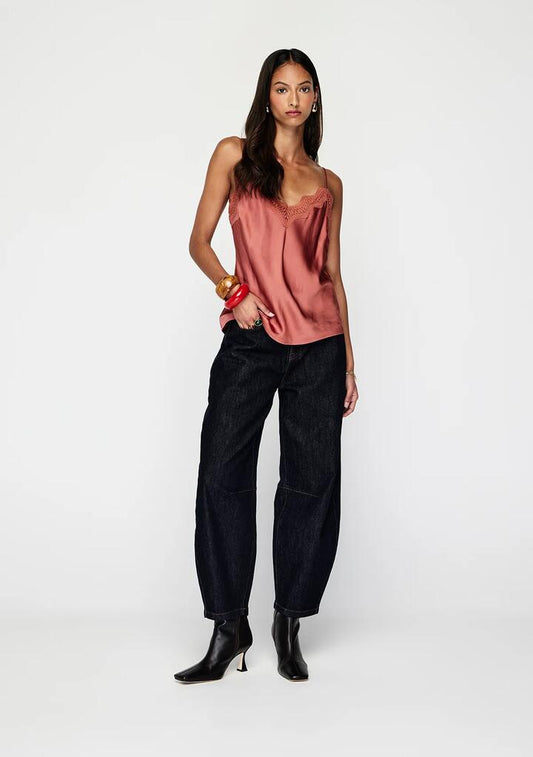 Image of a model wearing Tops. Productname: Suri Cami Top | MOS The Label in Cranberry colour by brand - MOS The Label