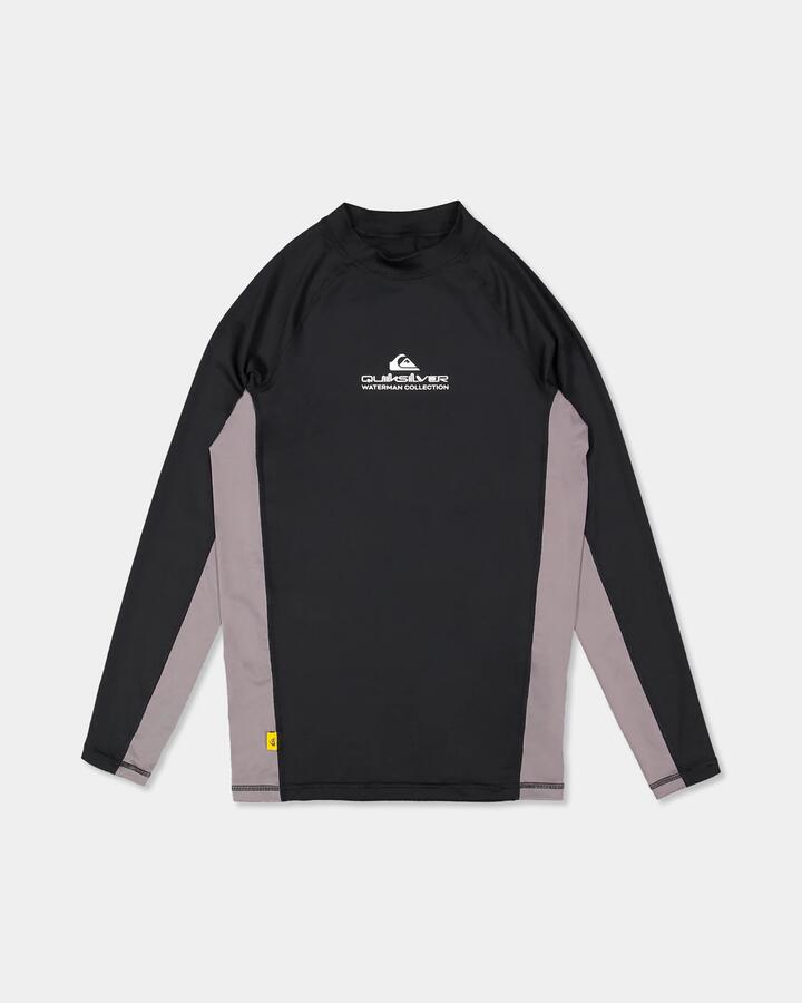Image of a model wearing Tops. Product name - Quiksilver Mens Uv+ Long Sleeve Rashguard Black in Black colour by brand - Quiksilver