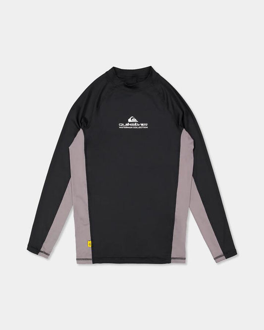Image of a model wearing Tops. Product name - Quiksilver Mens Uv+ Long Sleeve Rashguard Black in Black colour by brand - Quiksilver