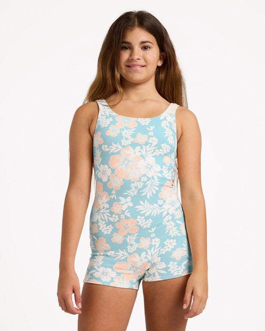 Image of Coats & Jackets. Product name - Billabong Girls 6-16 Hibiscus Haze Retro Rash Vest Aqua Haze in Aqua Haze colour by brand - Billabong