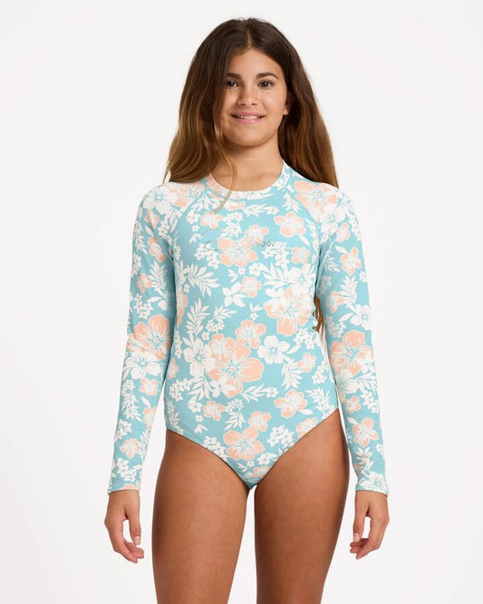 Image of Coats & Jackets. Product name - Billabong Girls 6-16 Hibiscus Haze Long Seeve Rash Vest Aqua Haze in Aqua Haze colour by brand - Billabong