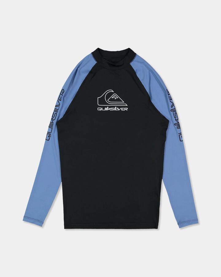 Image of a model wearing Tops. Product name - Quiksilver Mens On Tour Long Sleeve Rash Vest Quiet Harbor in Quiet Harbor colour by brand - Quiksilver