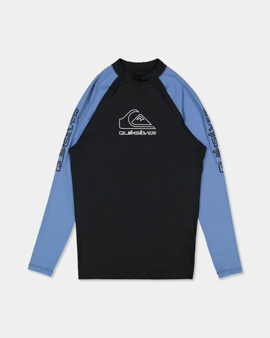 Image of a model wearing Tops. Product name - Quiksilver Mens On Tour Long Sleeve Rash Vest Quiet Harbor in Quiet Harbor colour by brand - Quiksilver