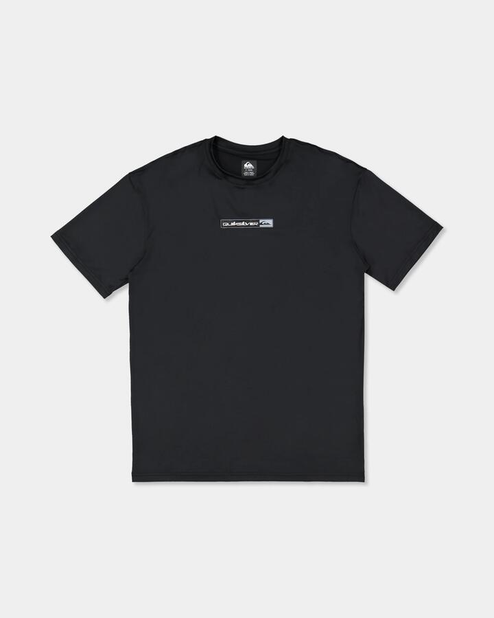 Image of a model wearing Tops. Product name - Quiksilver Mens Omni Bar Short Sleeve Rashguard Black in Black colour by brand - Quiksilver