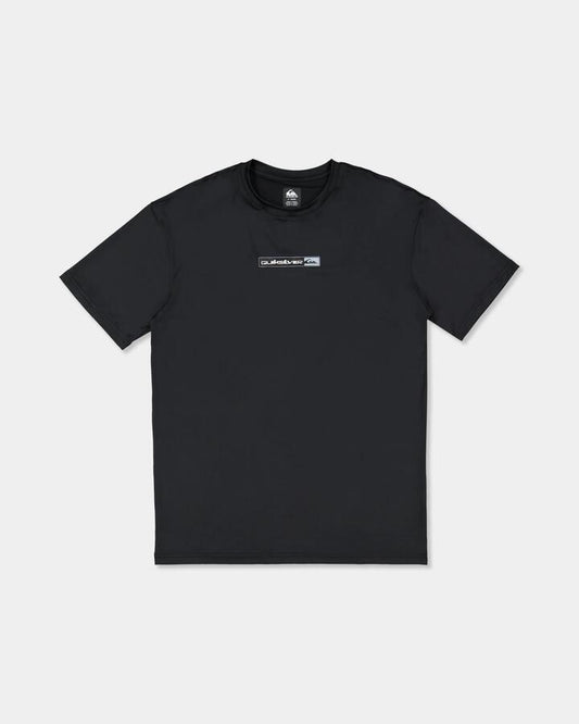 Image of a model wearing Tops. Product name - Quiksilver Mens Omni Bar Short Sleeve Rashguard Black in Black colour by brand - Quiksilver