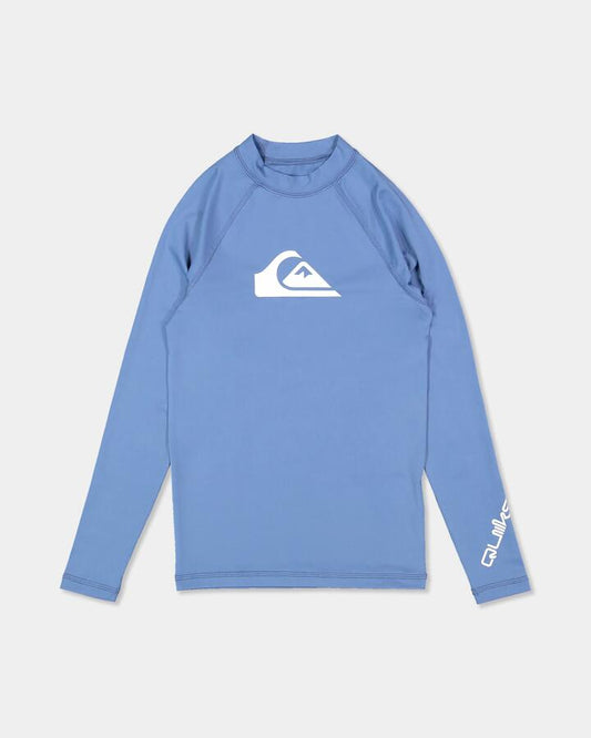 Image of a model wearing Tops. Product name - Quiksilver Boys 8-16 All Time Long Sleeve Rash Vest Quiet Harbor in Quiet Harbor colour by brand - Quiksilver
