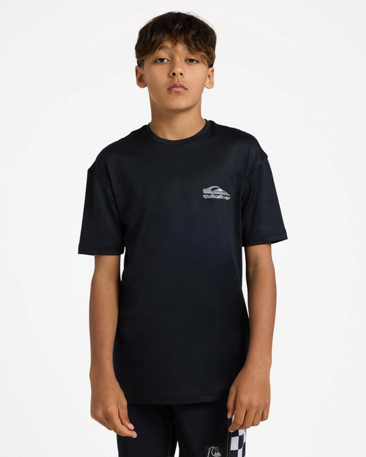 Image of a model wearing Tops. Product name - Quiksilver Boys 8-16 Carbon Short Sleeve Rashguard Black in Black colour by brand - Quiksilver