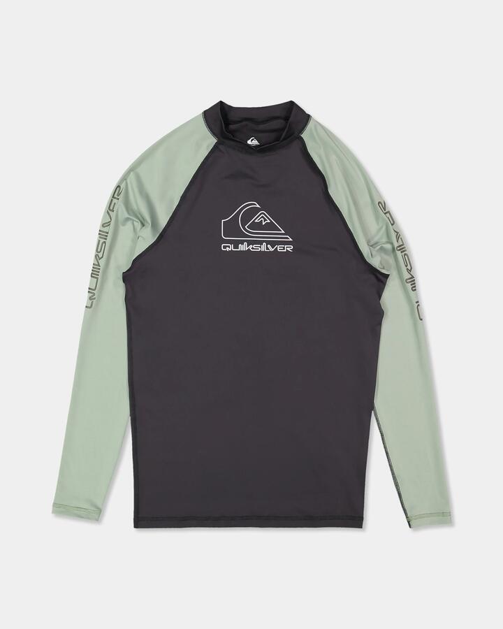 Image of a model wearing Tops. Product name - Quiksilver Mens On Tour Long Sleeve Rash Vest Iceberg Green in Iceberg Green colour by brand - Quiksilver