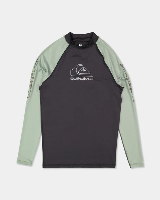 Image of a model wearing Tops. Product name - Quiksilver Mens On Tour Long Sleeve Rash Vest Iceberg Green in Iceberg Green colour by brand - Quiksilver