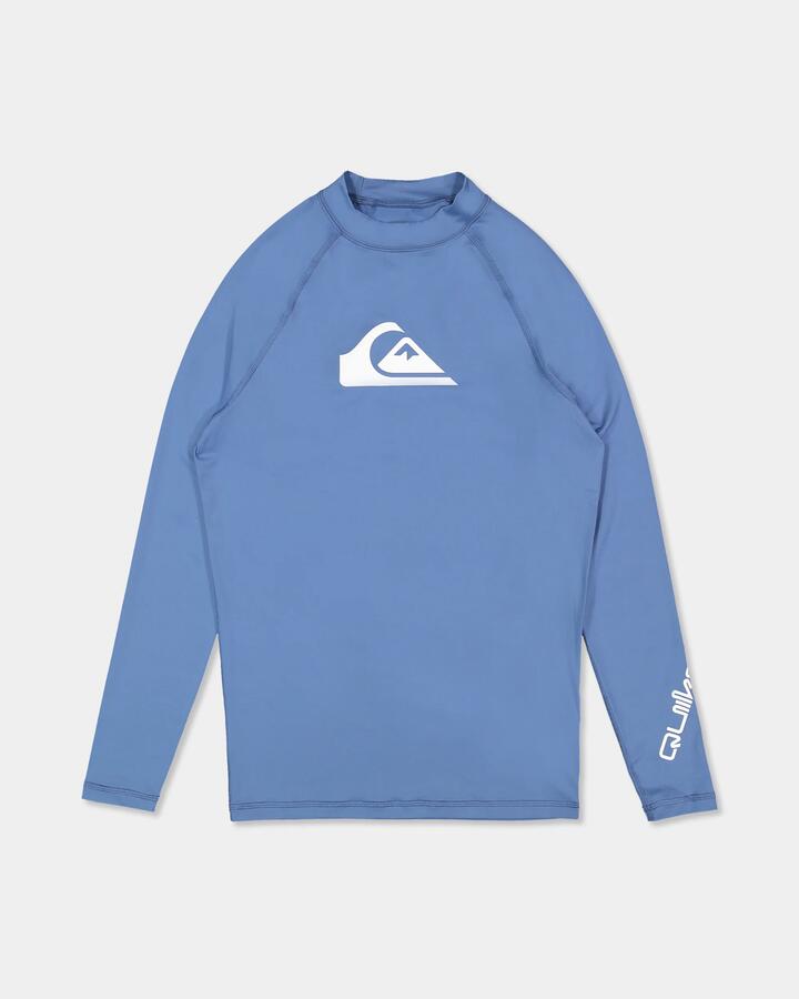 Image of a model wearing Tops. Product name - Quiksilver Mens All Time Long Sleeve Rash Vest Quiet Harbor in Quiet Harbor colour by brand - Quiksilver