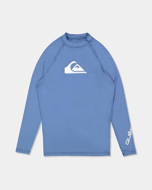 Image of a model wearing Tops. Product name - Quiksilver Mens All Time Long Sleeve Rash Vest Quiet Harbor in Quiet Harbor colour by brand - Quiksilver