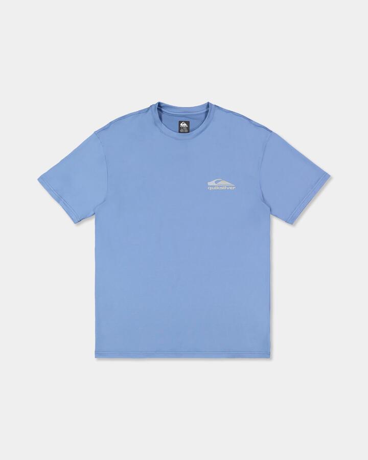 Image of a model wearing Tops. Product name - Quiksilver Mens Carbon Short Sleeve Rashguard Quiet Harbor in Quiet Harbor colour by brand - Quiksilver